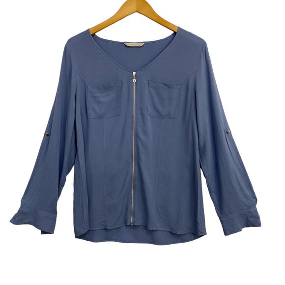 Soft Surroundings Blouse Women's Large No Size Tag Blue Front Zip Top Roll Tab - Picture 1 of 11